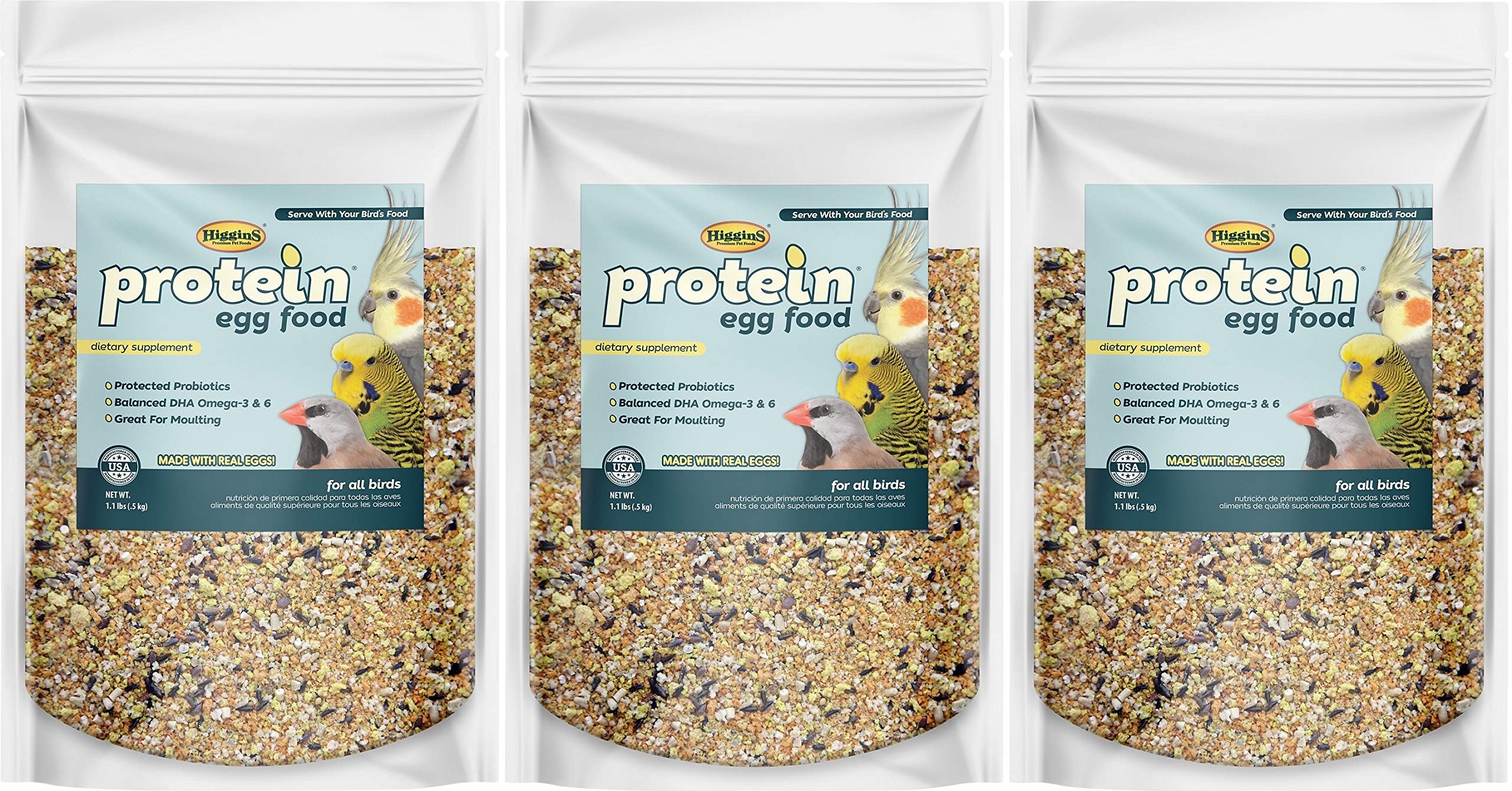 Higgins Protein Egg Food 3-pack bags offer a protein boost for birds.