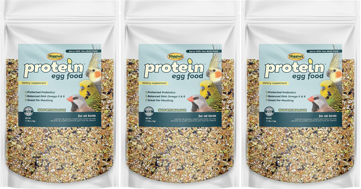 Higgins Protein Egg Food 3-pack bags offer a protein boost for birds.