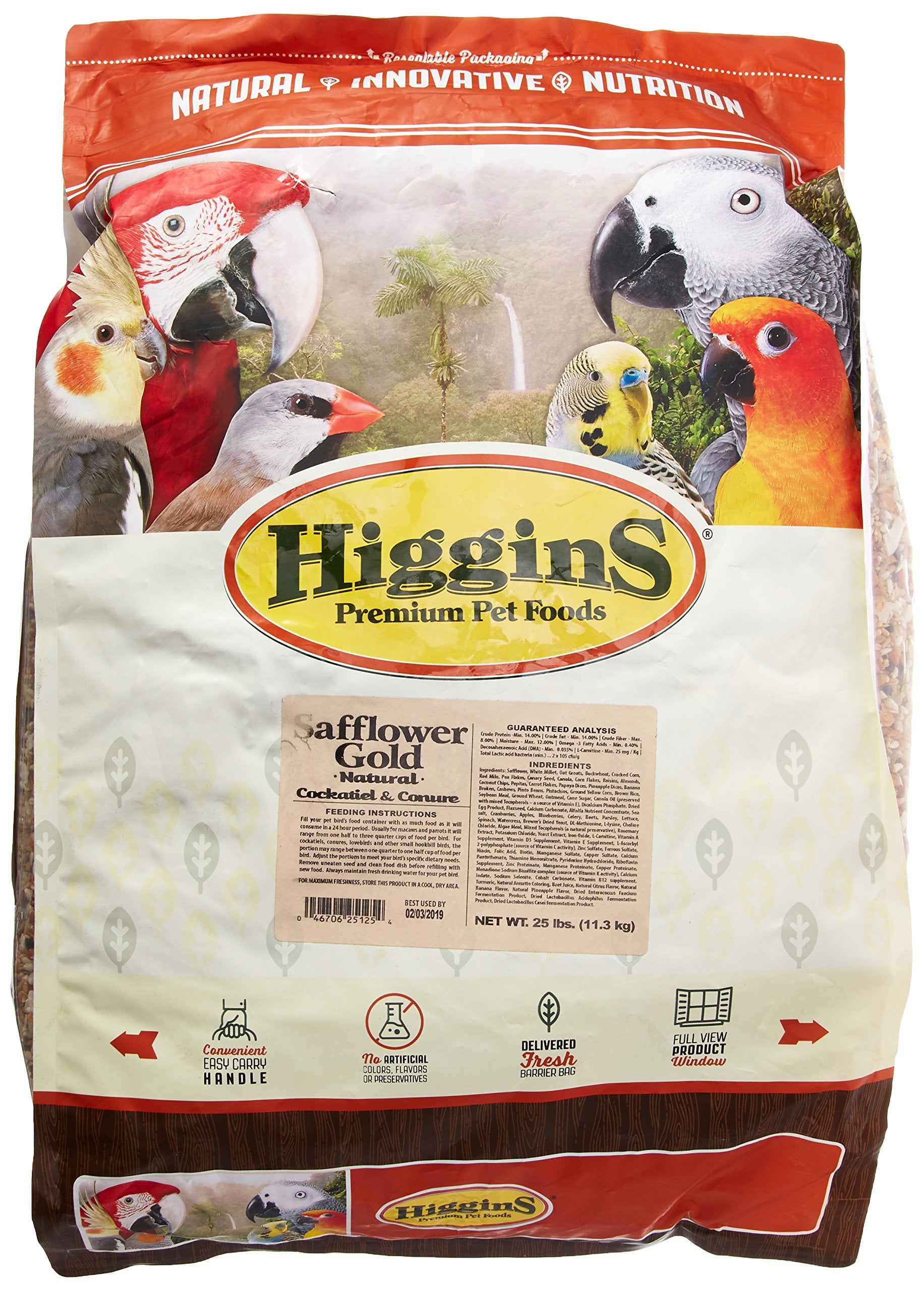 Higgins Safflower Gold conure and cockatiel food in 25lb bag for balanced nutrition