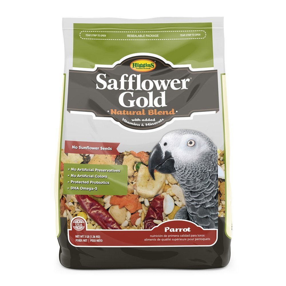 Higgins Safflower Gold parrot food mix in bowl; supports digestive health with probiotics