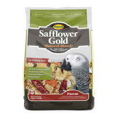 Higgins Safflower Gold parrot food mix in bowl; supports digestive health with probiotics