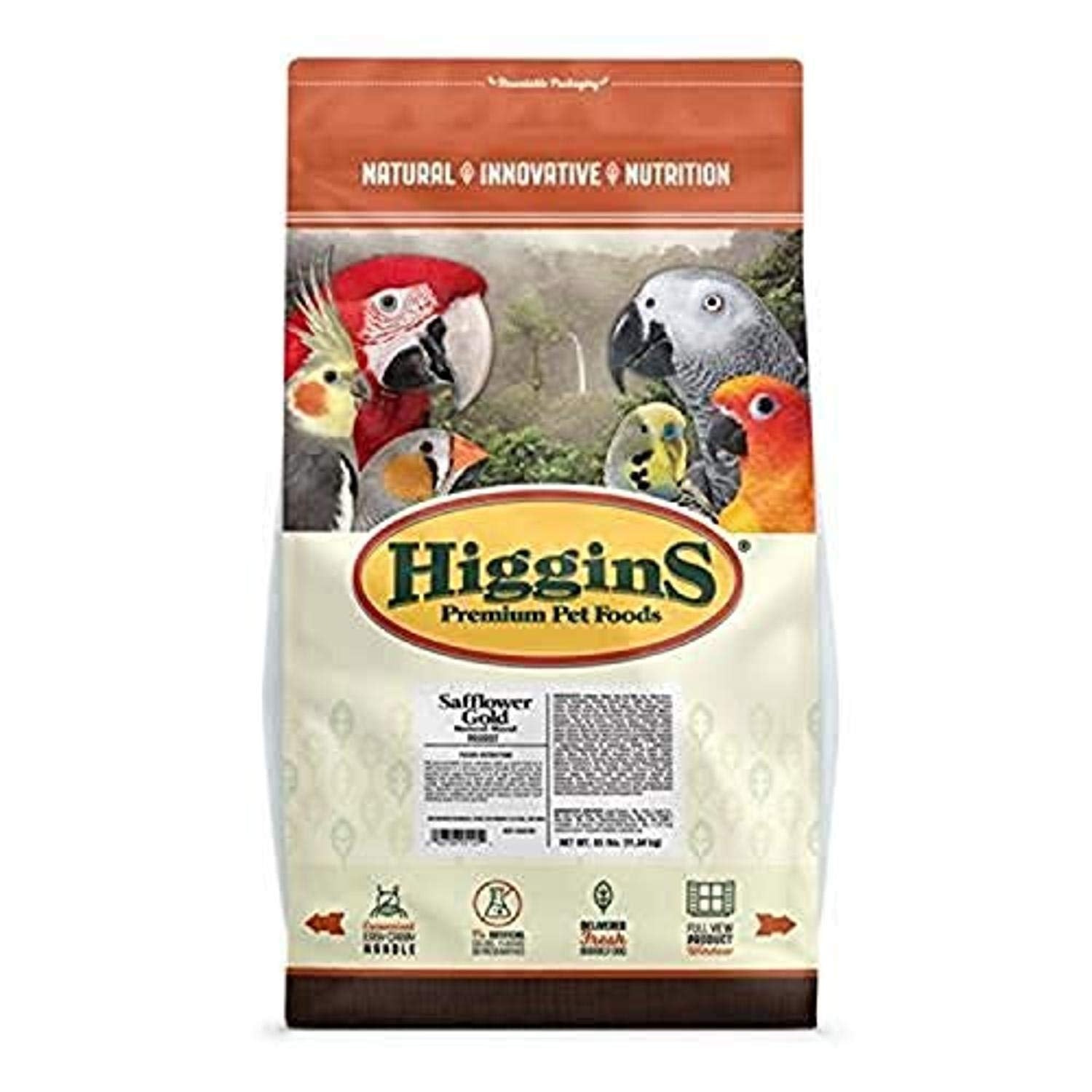 Higgins Safflower Gold parrot food bag promotes balanced nutrition for parrots.