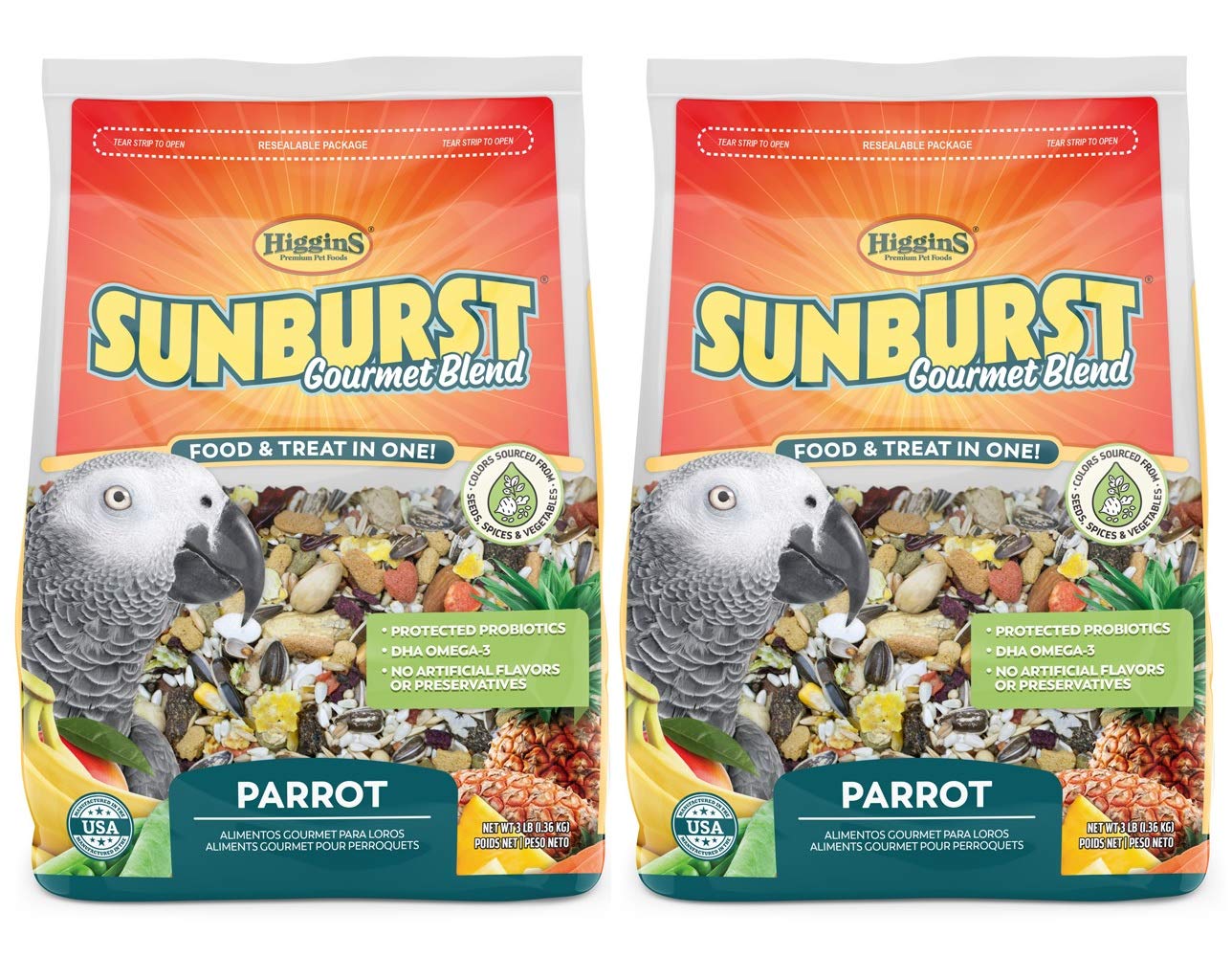 Higgins Sunburst Blend parrot food bag front with colorful mix for daily feeding.