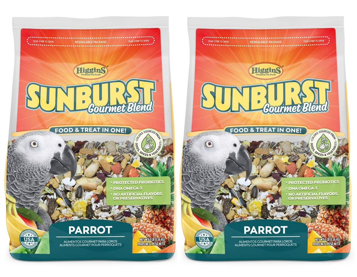 Higgins Sunburst Blend parrot food bag front with colorful mix for daily feeding.