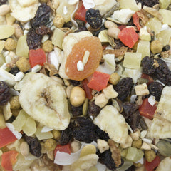 Higgins Sunburst ingredients closeup reveals diverse fruits and vegetables for parrot enrichment.