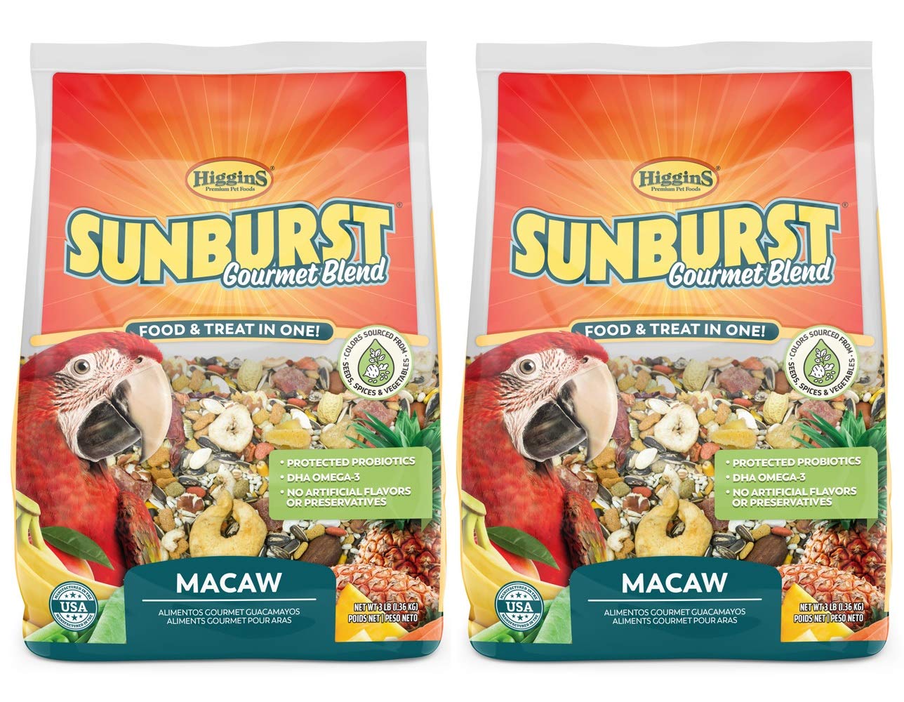 Higgins Sunburst Macaw Food 2-pack front view showing balanced mix for parrots