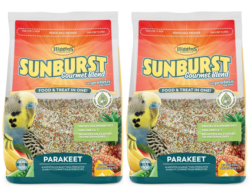Higgins Sunburst Gourmet Blend parakeet food 2lb pack for balanced daily nutrition