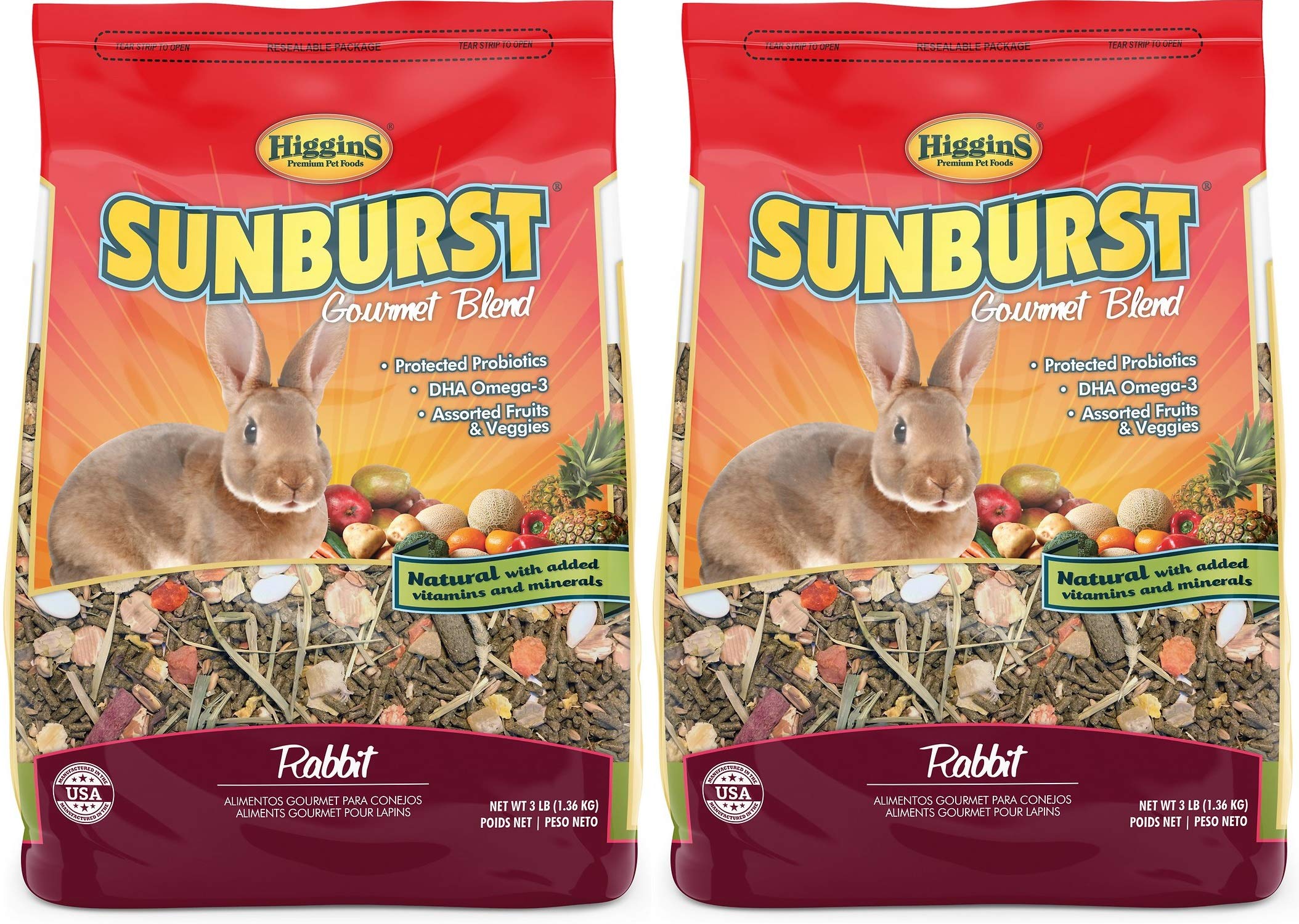 Higgins Sunburst Gourmet Rabbit Food bag open, highlighting DHA omega-3 enrichment and natural ingredients.