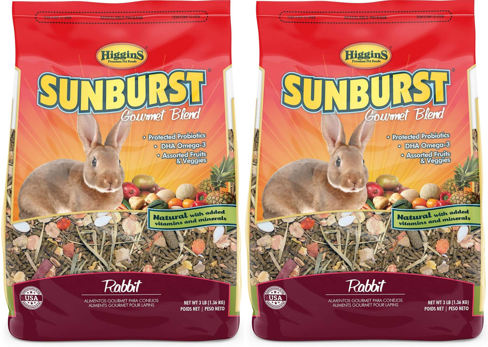 Higgins Sunburst Gourmet Rabbit Food bag open, highlighting DHA omega-3 enrichment and natural ingredients.