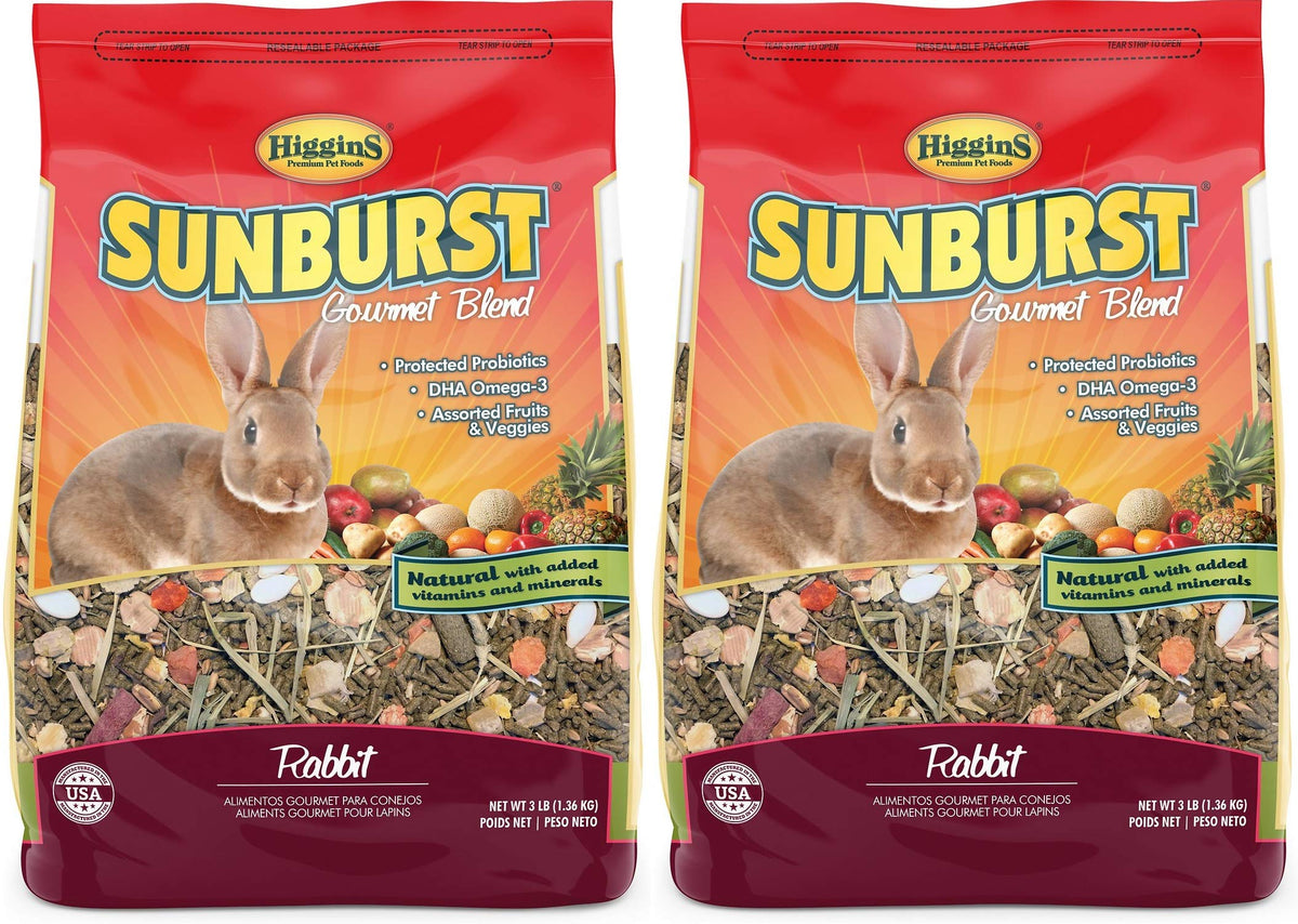 Higgins Sunburst Gourmet Rabbit Food bag open, highlighting DHA omega-3 enrichment and natural ingredients.