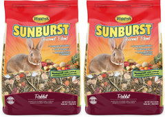 Higgins Sunburst Gourmet Rabbit Food bag open, highlighting DHA omega-3 enrichment and natural ingredients.