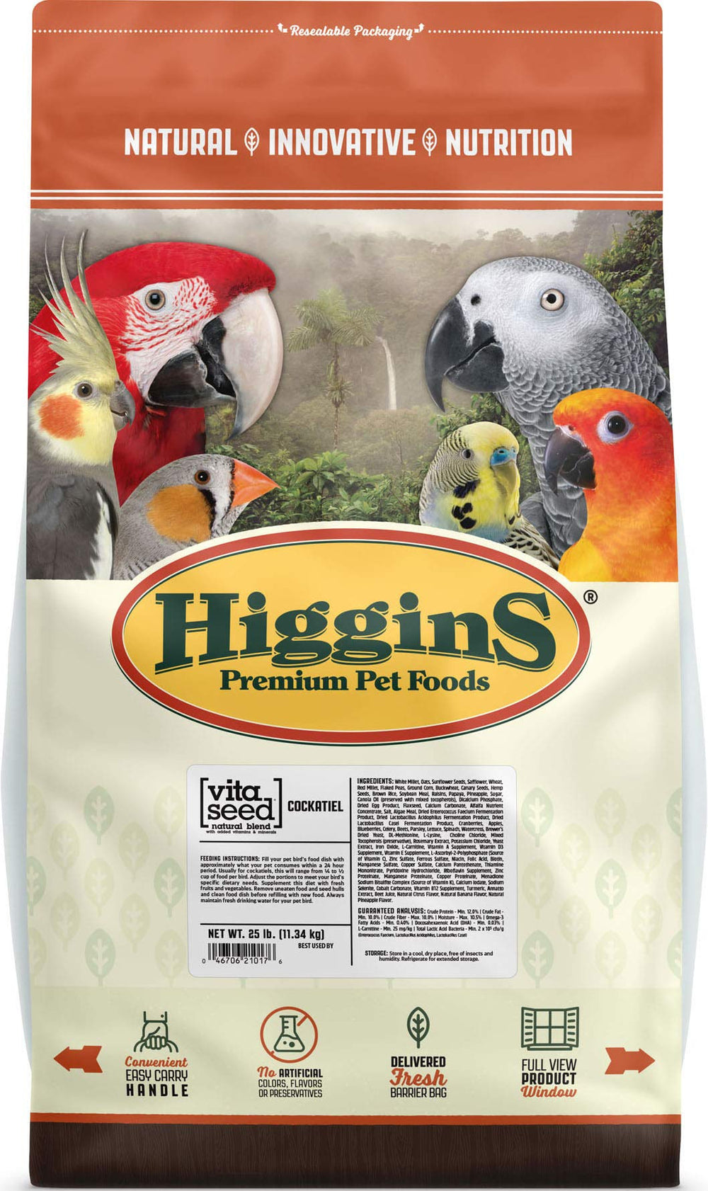Higgins Vita Seed Cockatiel Food 25lb bag, premium seed blend for daily cockatiel nutrition.