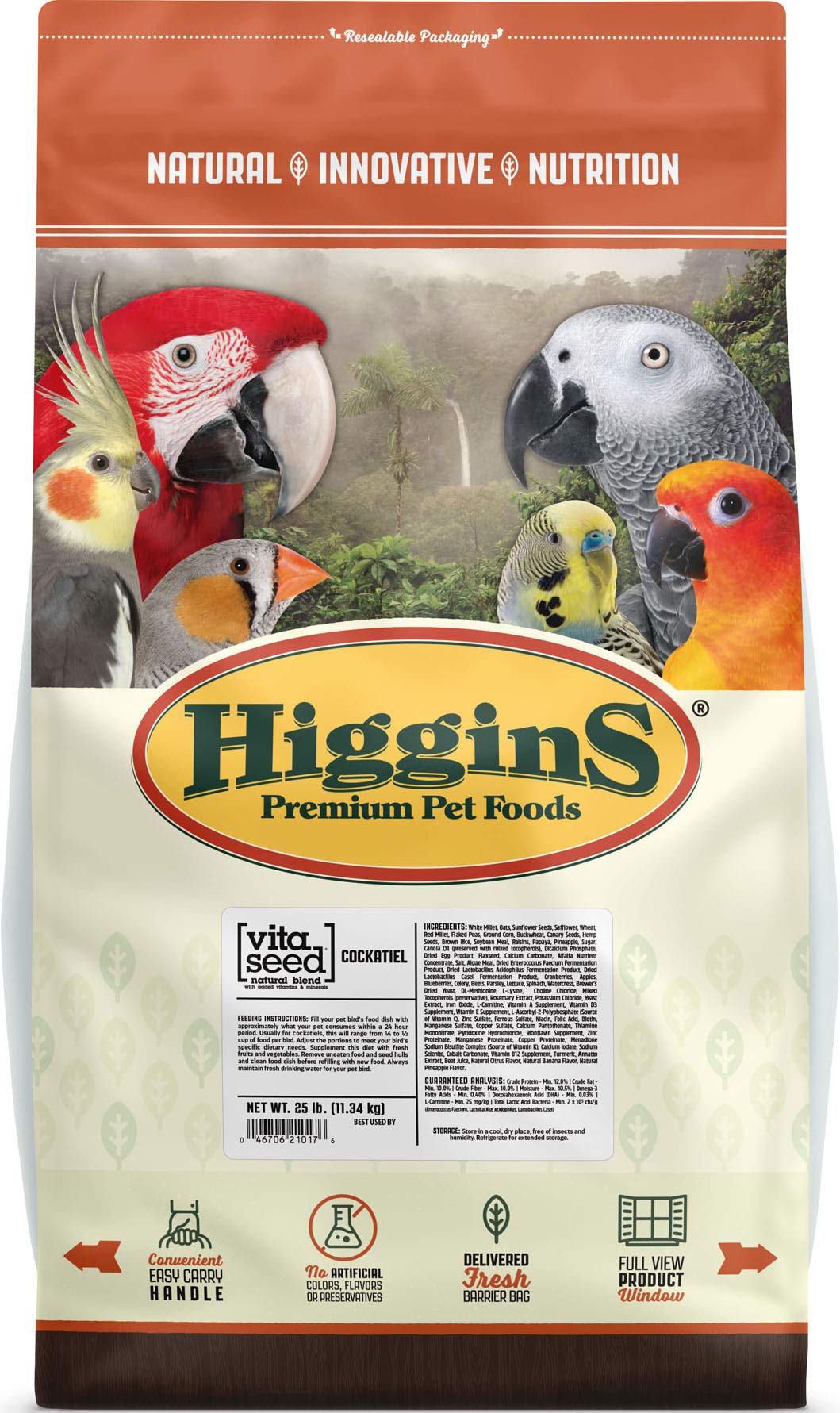 Higgins Vita Seed Cockatiel Food 25lb bag, premium seed blend for daily cockatiel nutrition.
