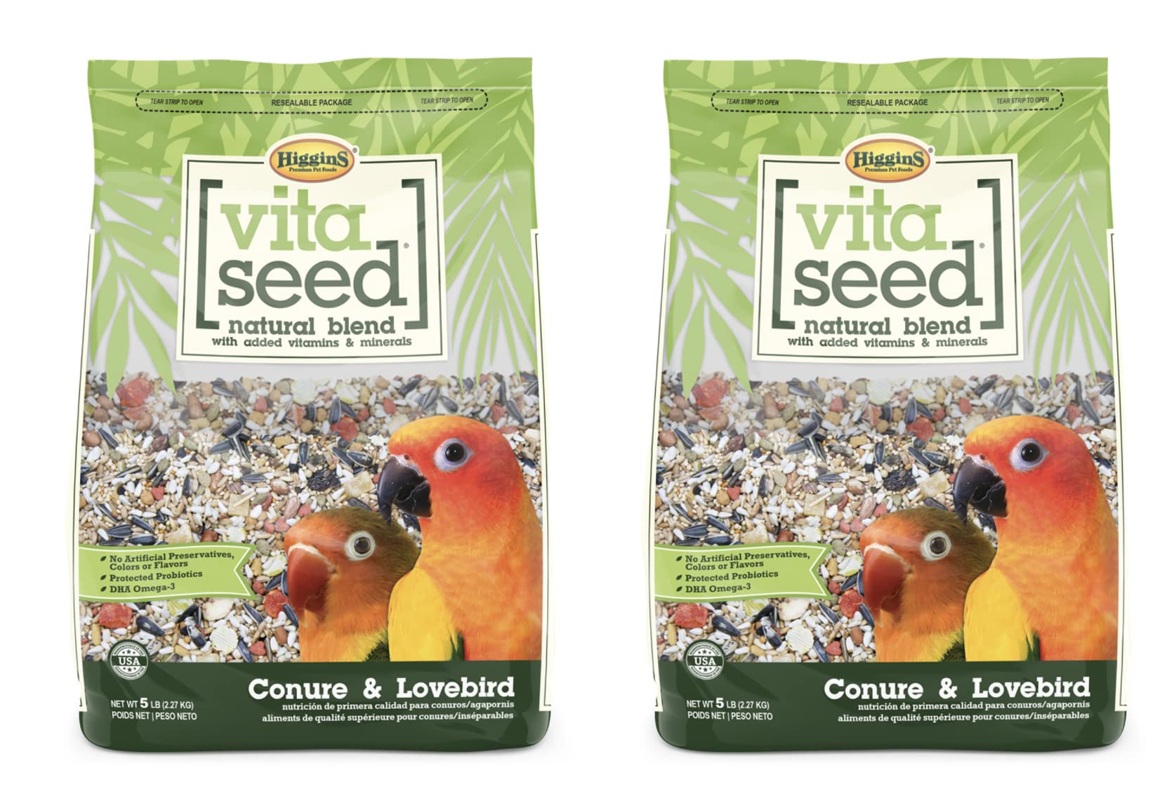 Higgins Vita Seed Conure & Lovebird two-pack bags front view for easy serving