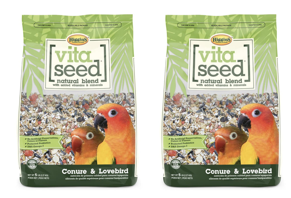 Higgins Vita Seed Conure & Lovebird two-pack bags front view for easy serving