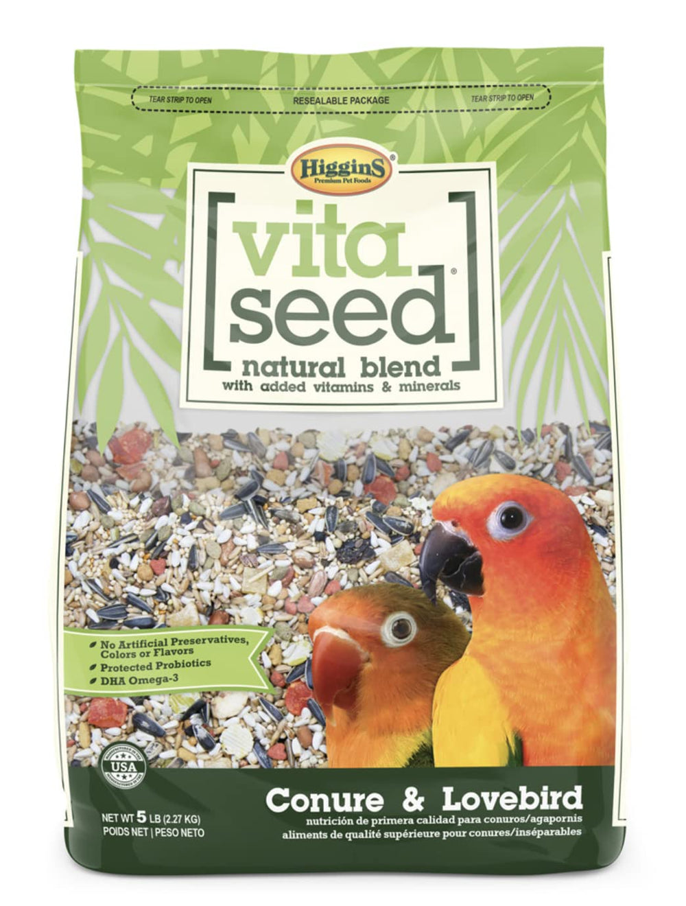 Higgins Vita Seed mix close-up showing crop seeds and dried fruits for varied diet