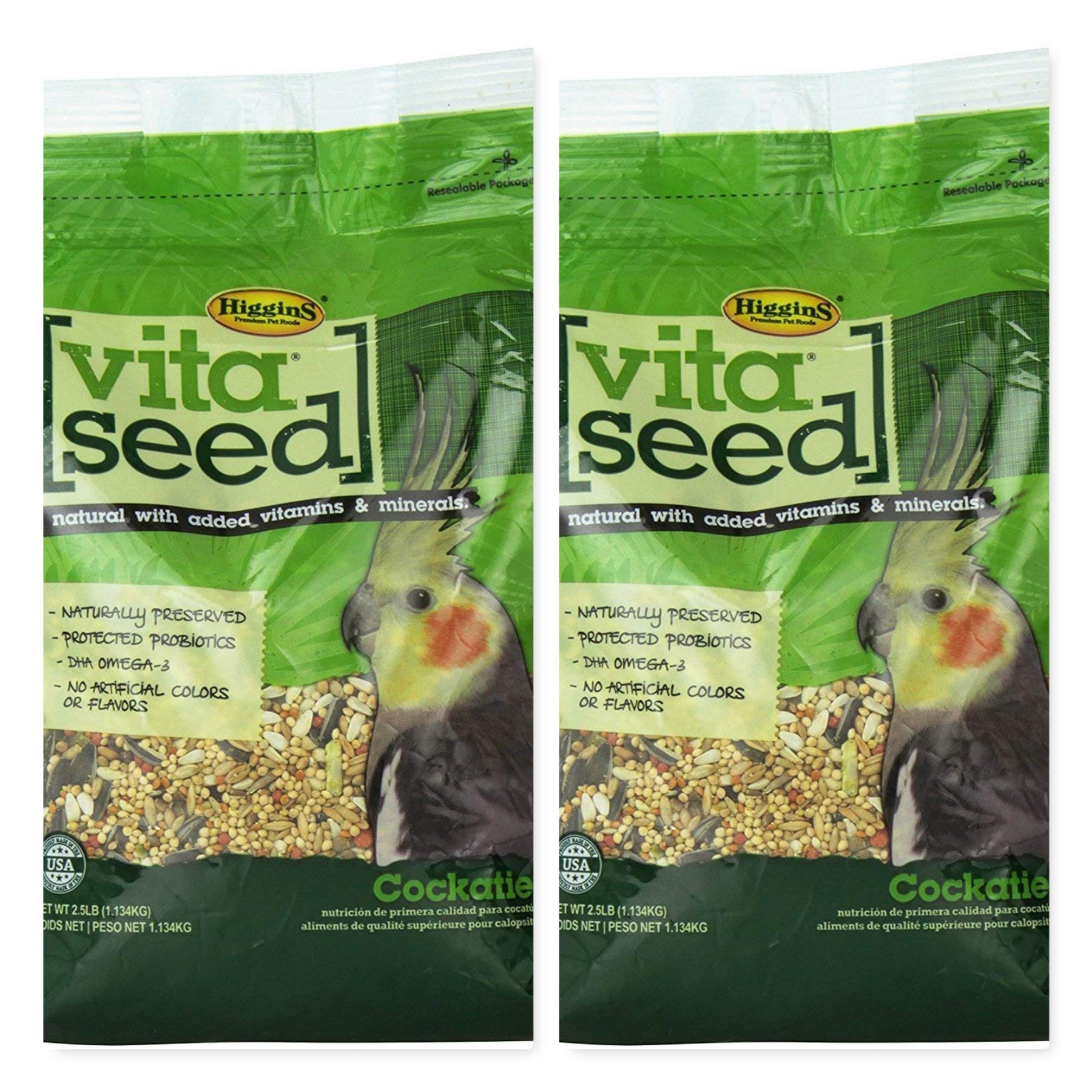 Higgins Vita Seed Natural Blend Cockatiel Food 2-pack bag supports balanced diet and variety.