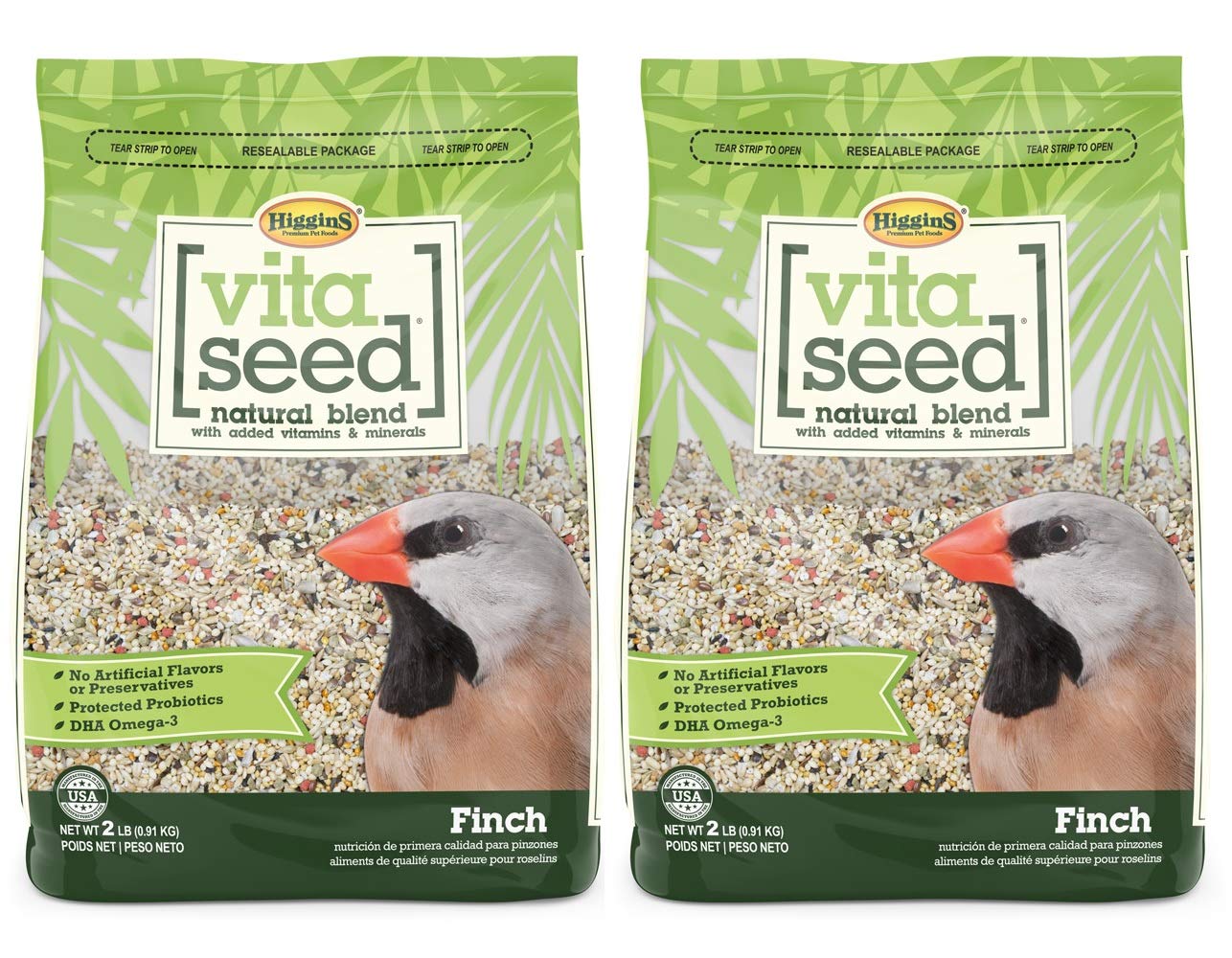 Higgins Vita Seed natural blend finch food bags highlight premium ingredients and USA-made quality