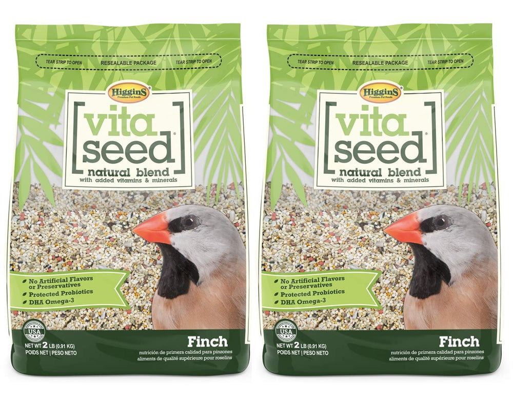 Higgins Vita Seed natural blend finch food bags highlight premium ingredients and USA-made quality