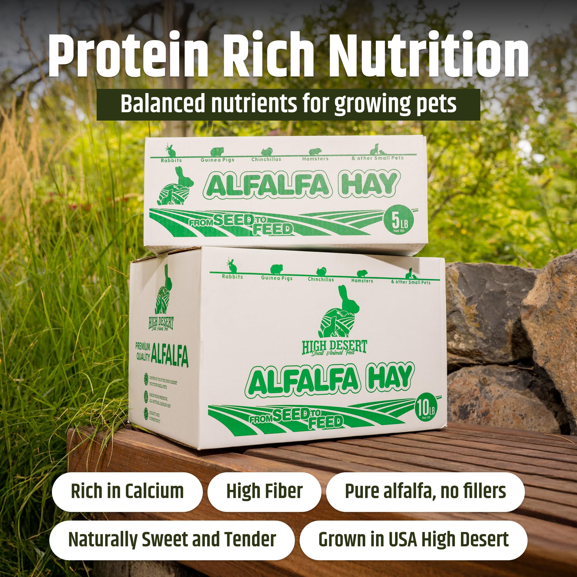 High Desert protein-rich alfalfa hay supports growth and daily nourishment for young pets.