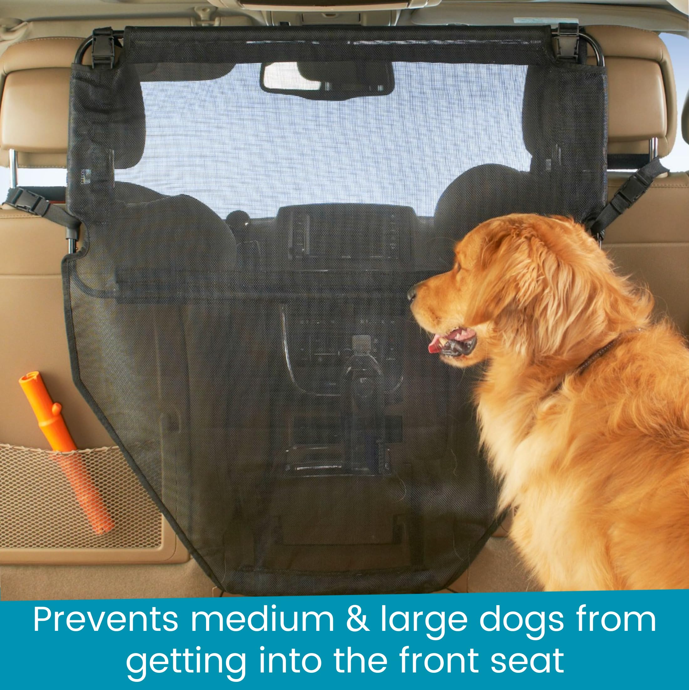 Four adjustable straps and a bottom cord secure the barrier for a stable, tailored fit.