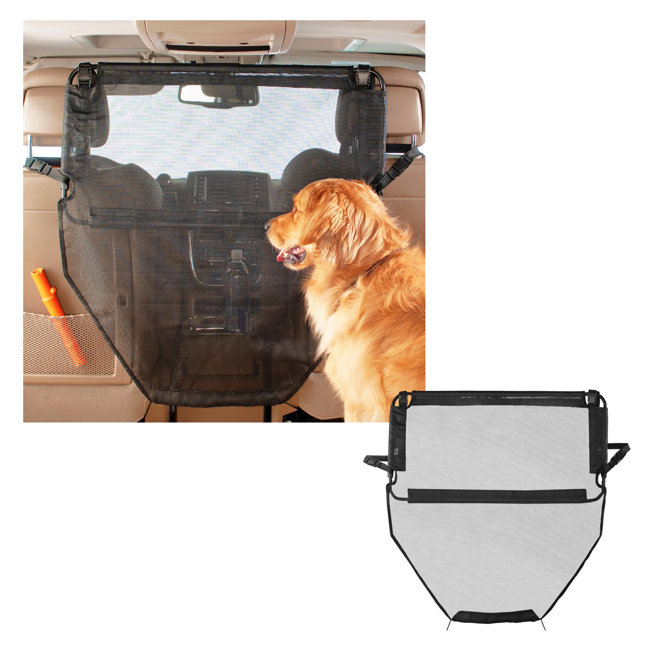 High Road back seat barrier with dog-view mesh preserves driver visibility while your dog stays in the back.