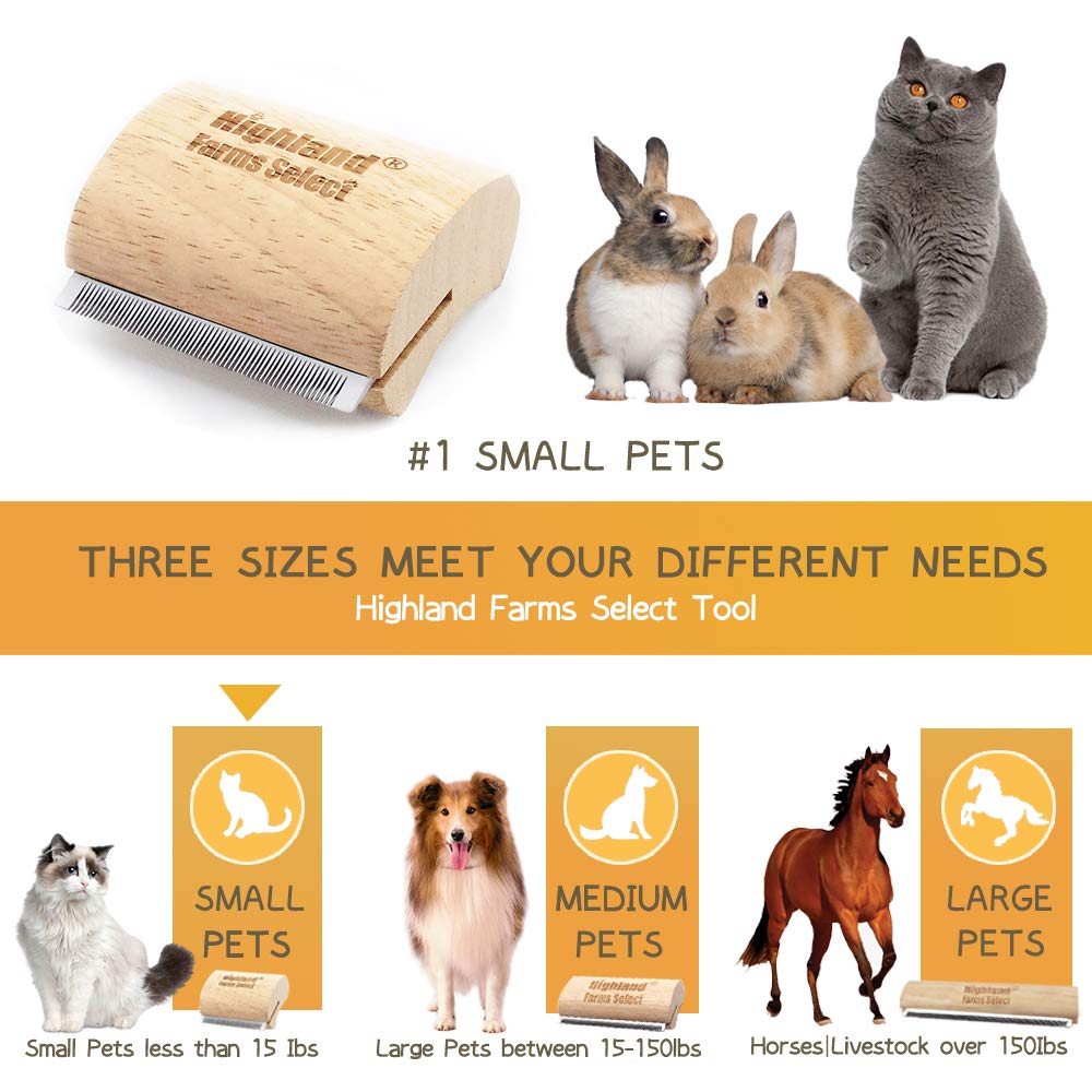 Highland Farms Select deshedding tool for cats gently lifts loose fur.