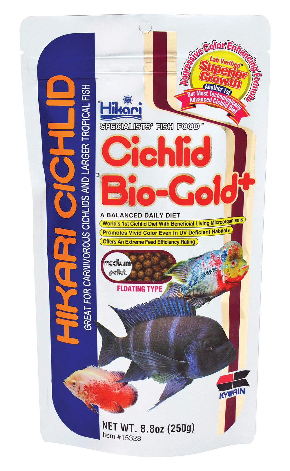 Hikari Bio-Gold floating pellets packaging for medium cichlids.