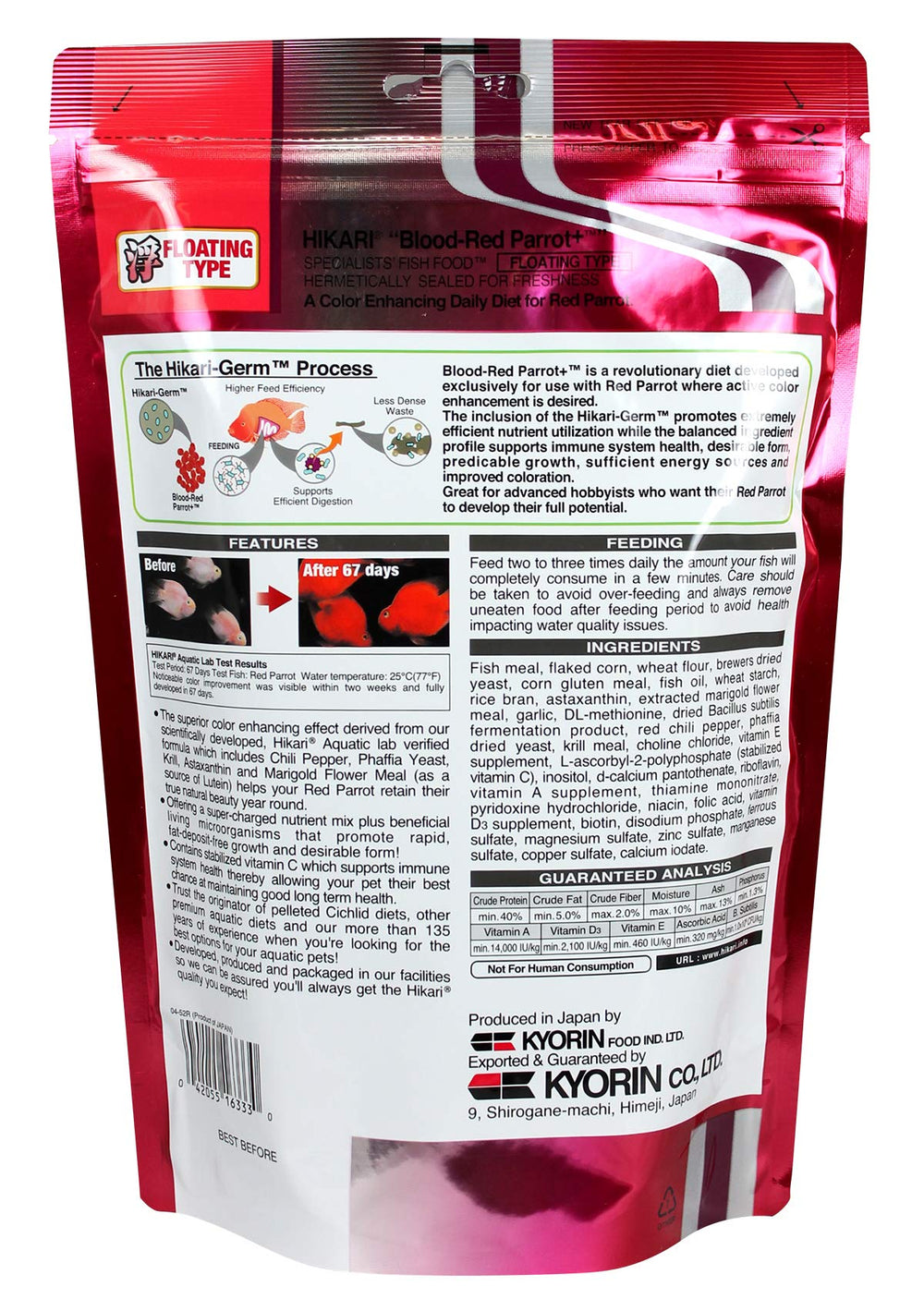 Hikari Blood Red Parrot+ pellets closeup shows medium-sized feed.