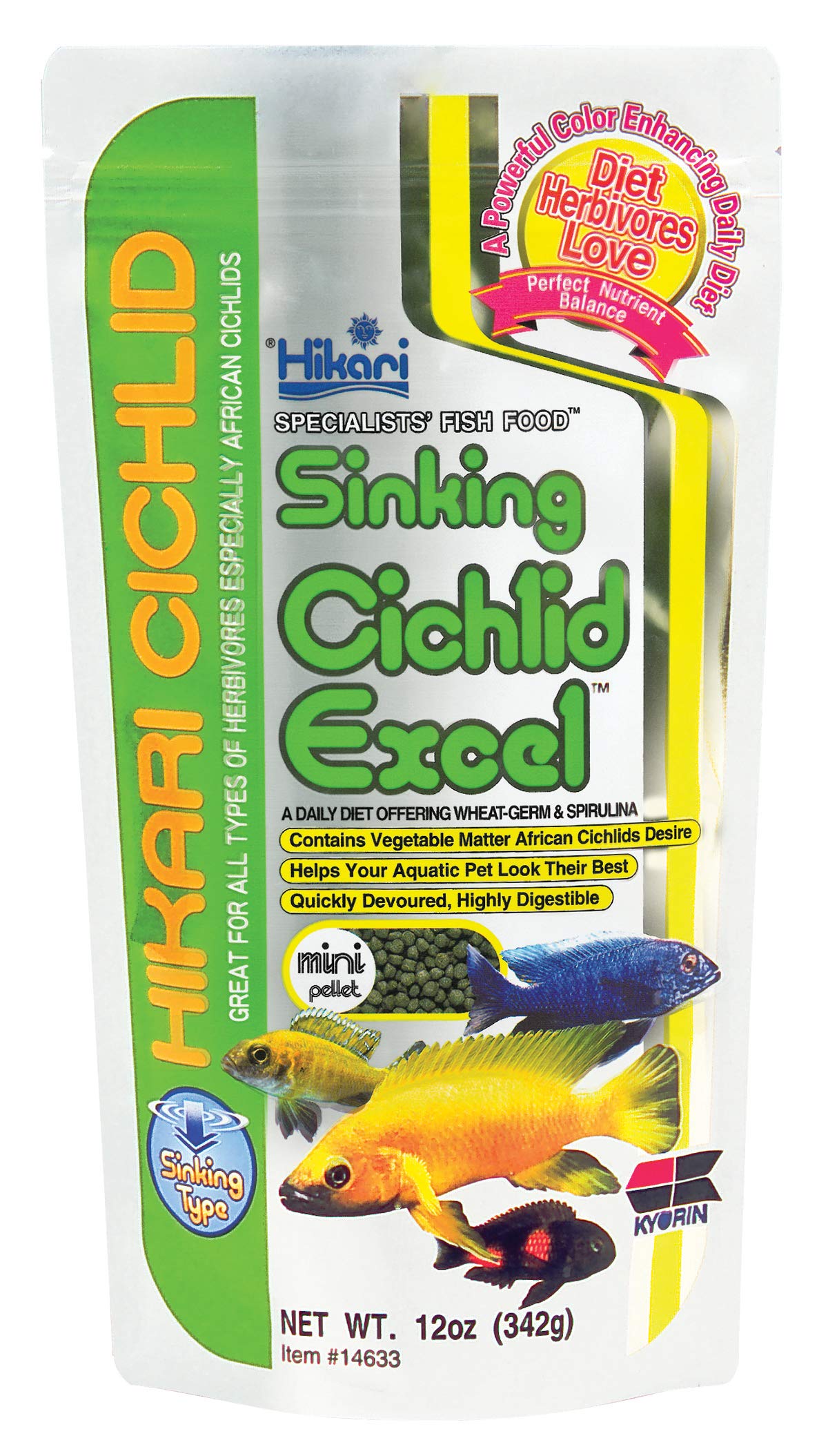 Hikari Cichlid Excel mini pellets bottle front, ready for quick feeding.