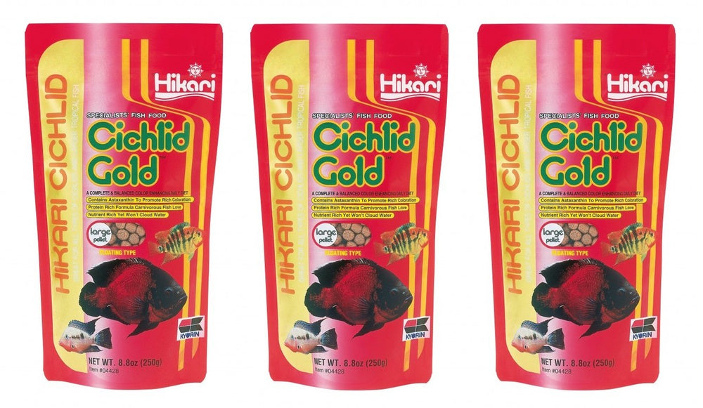Hikari Cichlid Gold floating pellets for large cichlids, ideal for surface feeding and observing intake.