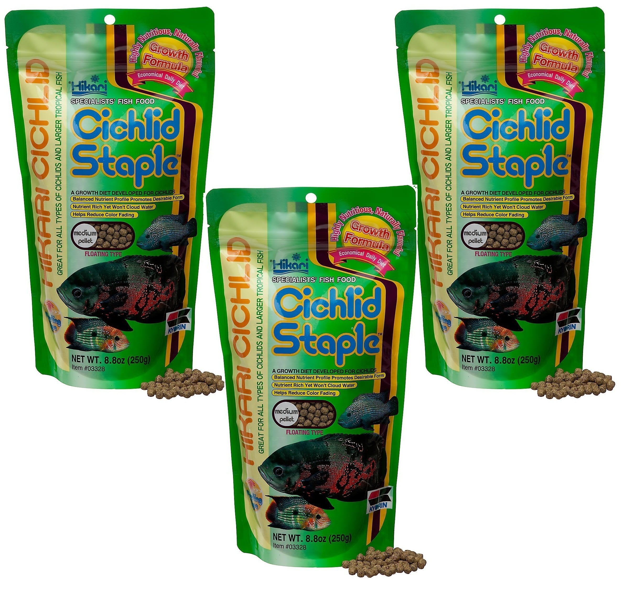 Hikari cichlid staple floating pellets bottle shows protein-rich formula for healthy growth