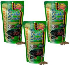 Hikari cichlid staple floating pellets bottle shows protein-rich formula for healthy growth