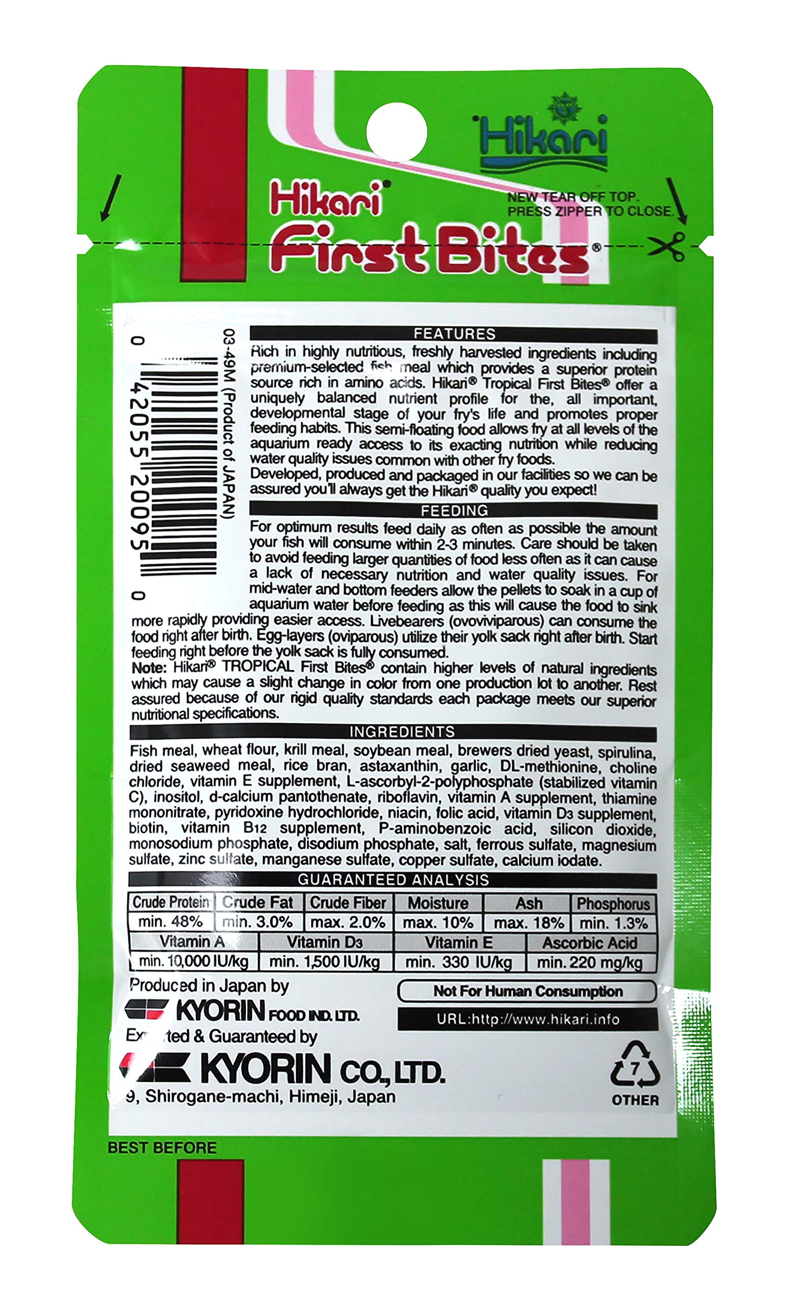 Hikari First Bites pellets may support early growth and proper organ development.