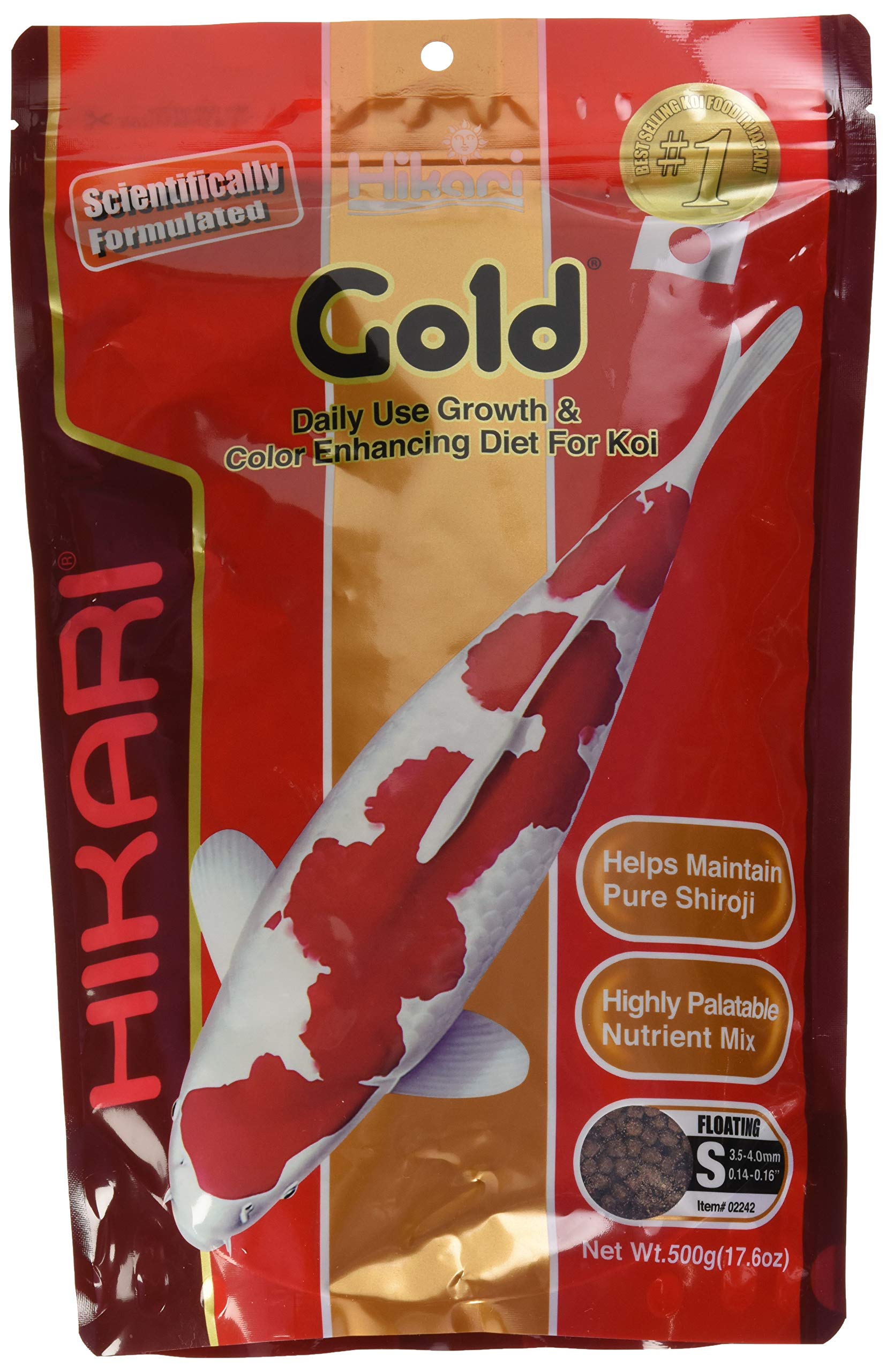 Hikari Gold 17.60z Mini pellets in bottle for daily koi nutrition and enhanced coloration.