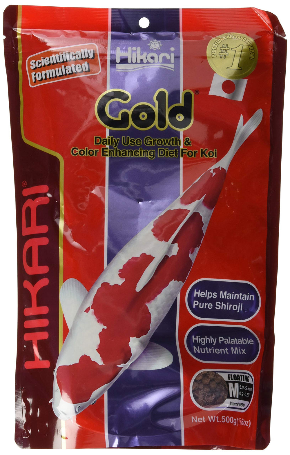 Hikari Gold 17.6oz bottle being poured to support koi color and health.