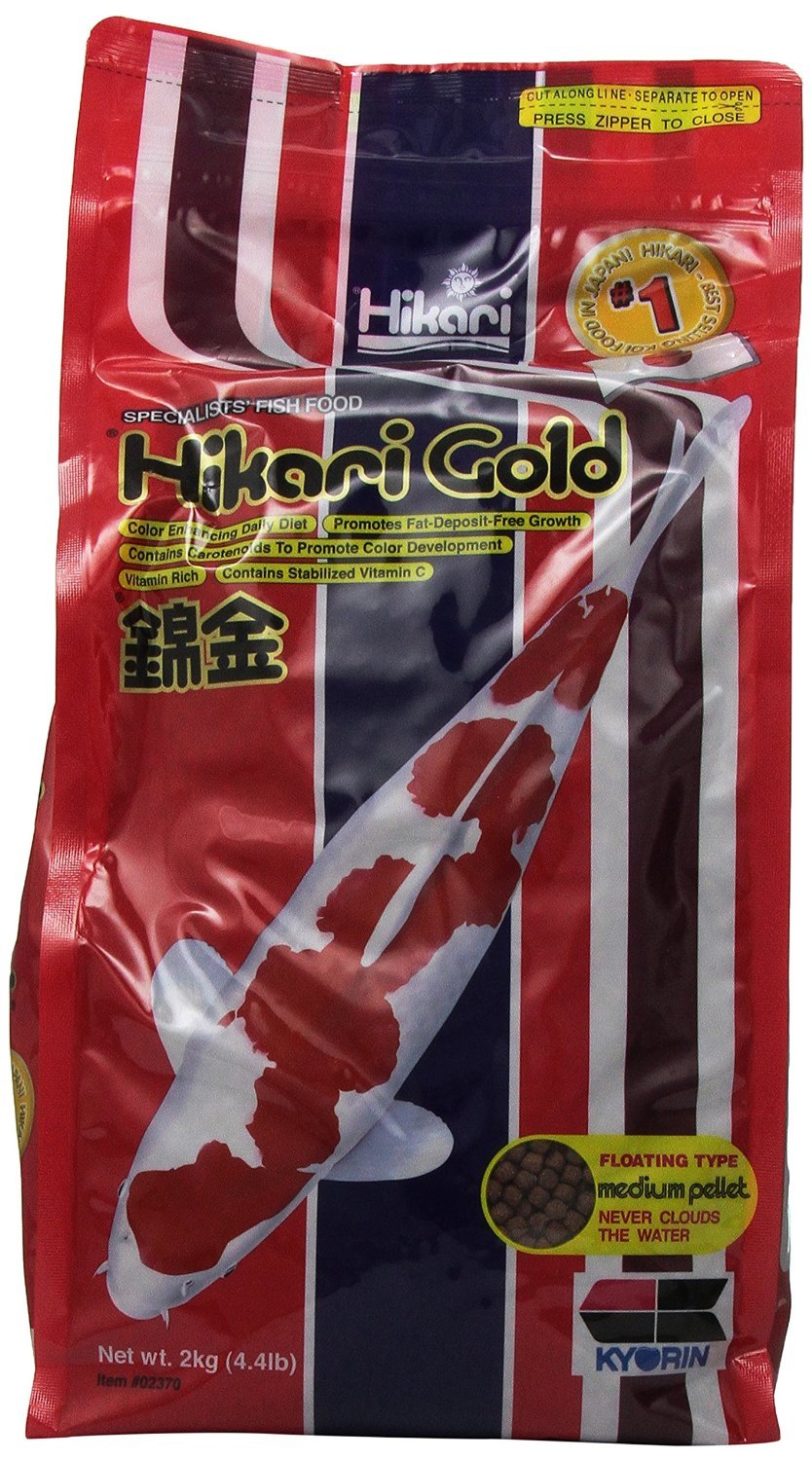 Hikari Gold 4.4 Lb Medium packaging shown, a daily koi diet designed for color and nutrition.