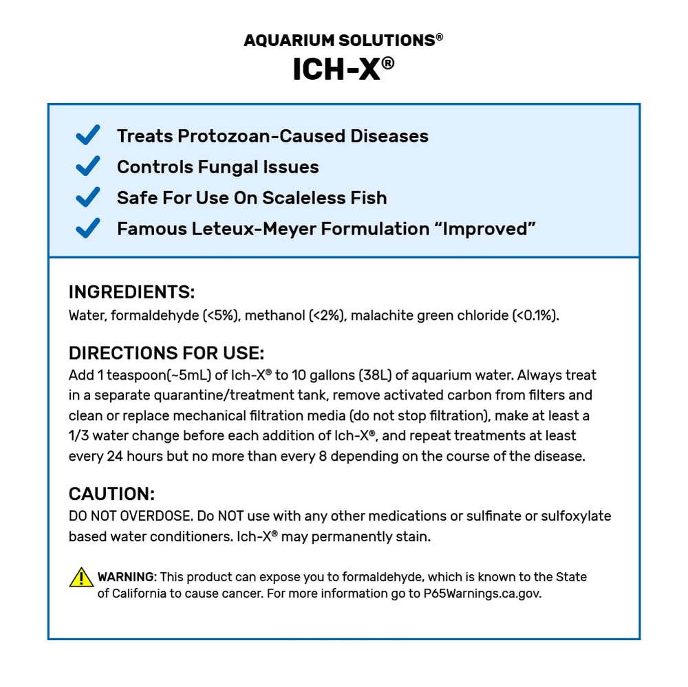 Close-up of Hikari Ich-X Ich Treatment label for ich care in aquariums.