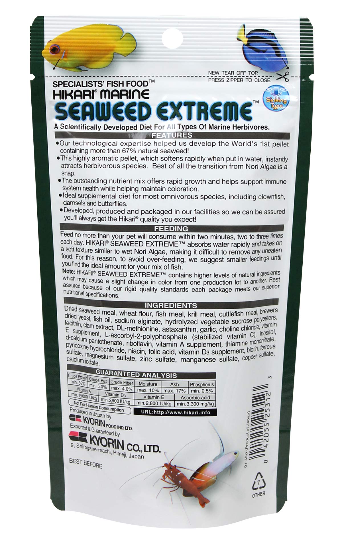 Hikari Seaweed Extreme pellets support omnivores like clownfish and damsels during feeding