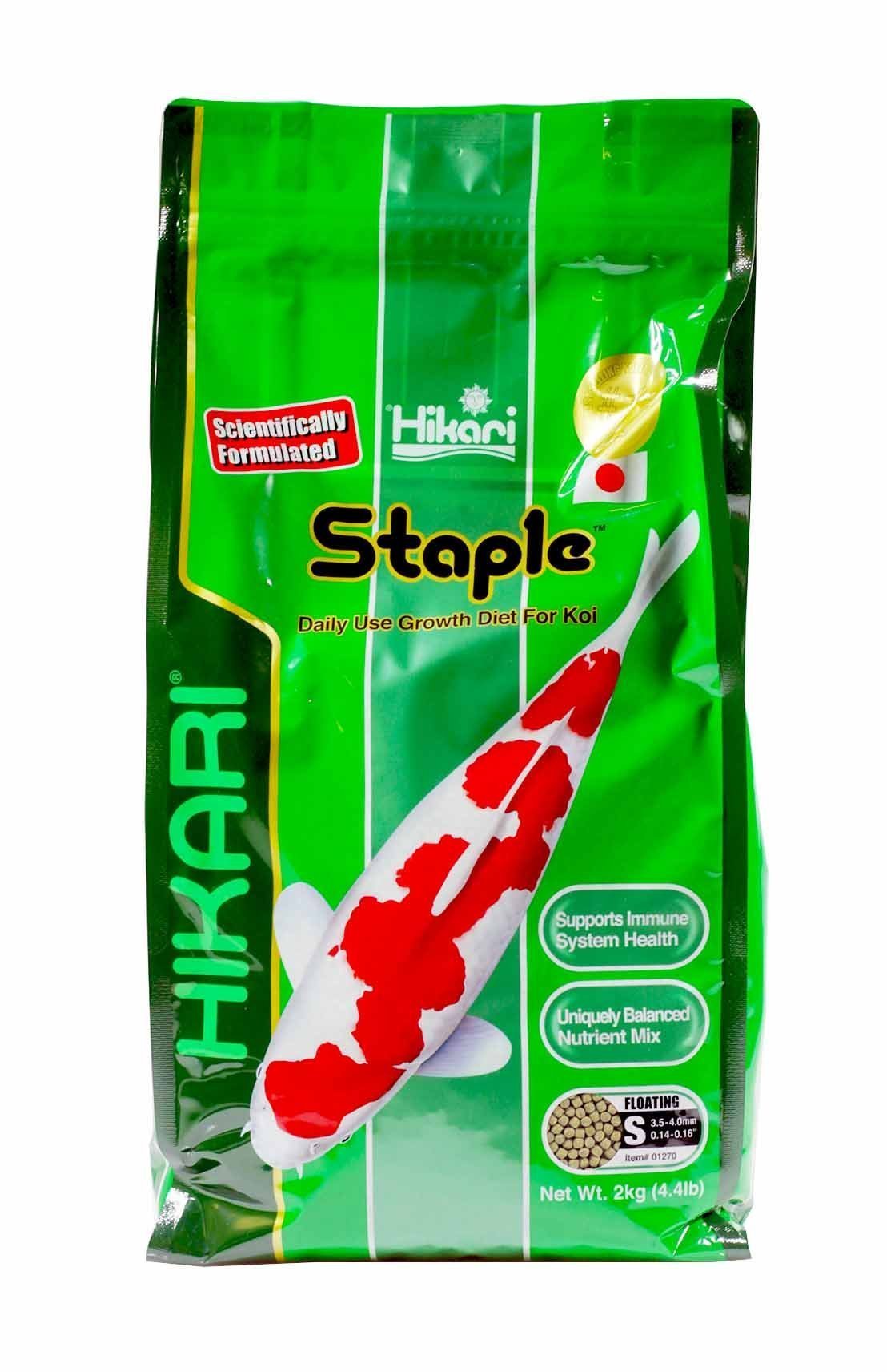 Hikari Staple Koi Food mini pellets in bag for daily pond feeding.