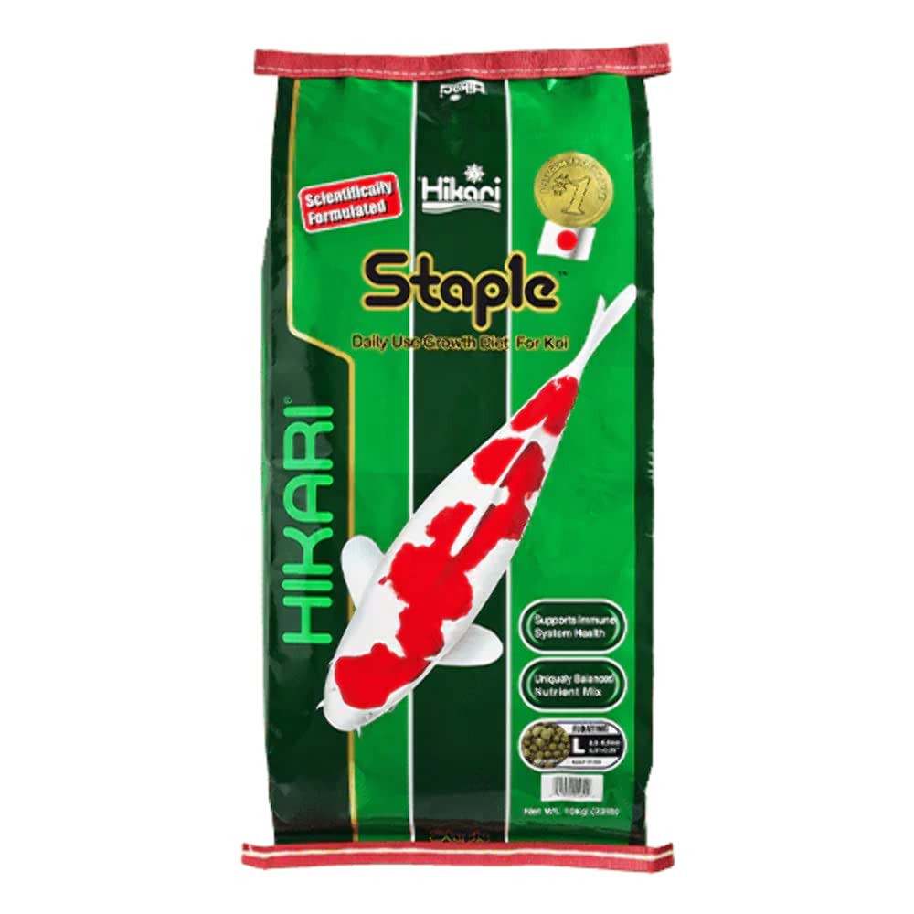 Hikari Staple Pellets floating large 22-lb packaging reduces mess and supports steady feeding.