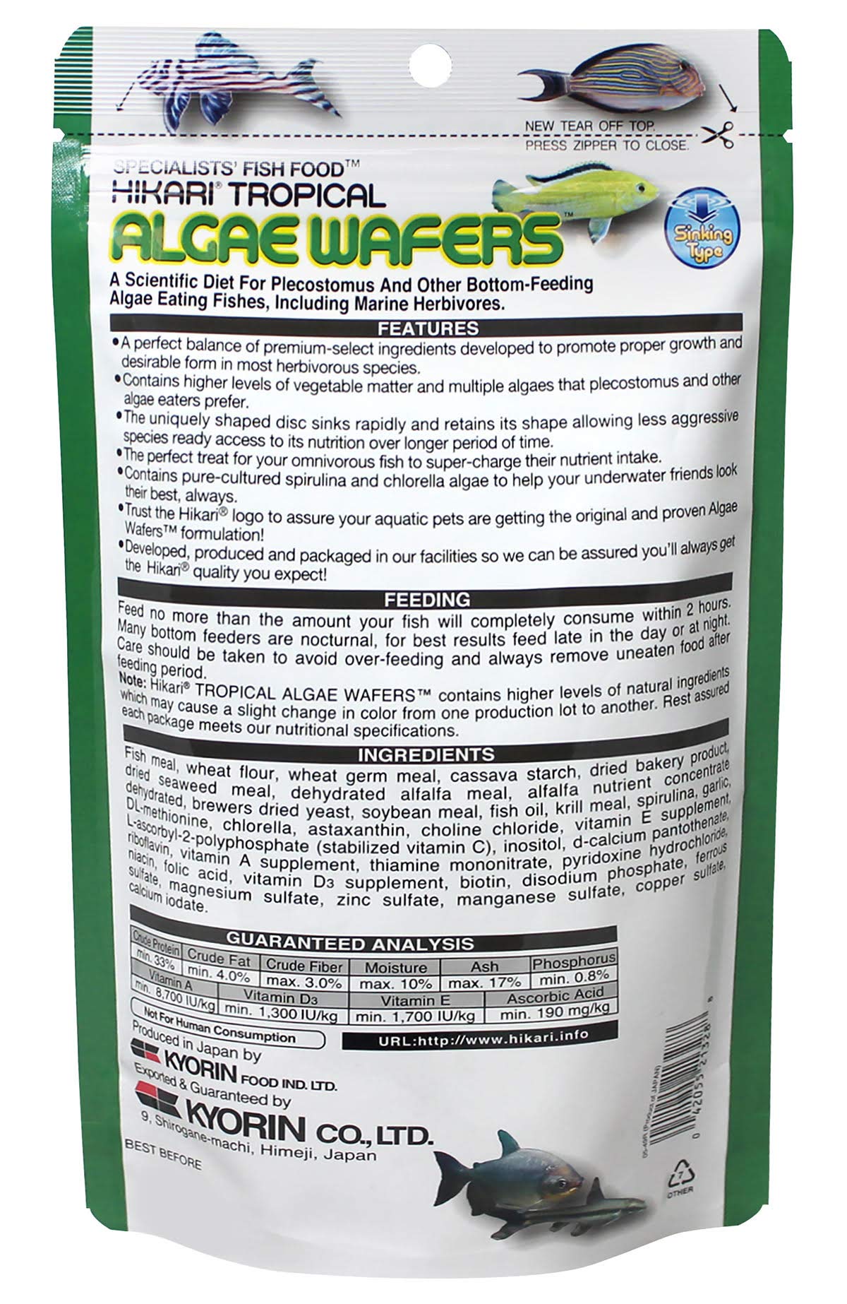 Hikari wafer ingredients close-up emphasizing spirulina-rich nutrition for herbivores.