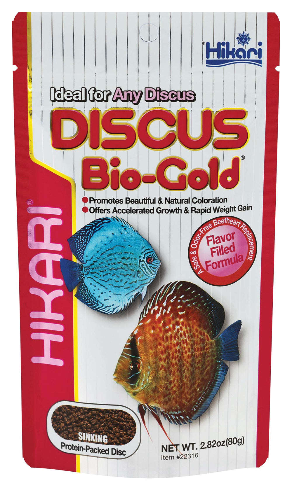 Hikari Tropical Discus Bio-Gold pellets close-up highlighting protein-rich nutrition for discus