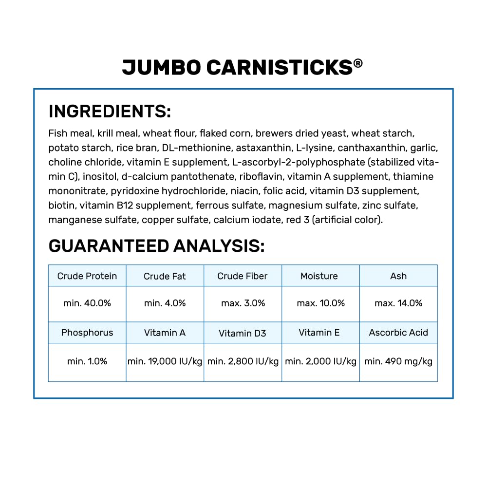 Hikari Tropical Jumbo Carnisticks color-boost close-up suggests enhanced pigment development.