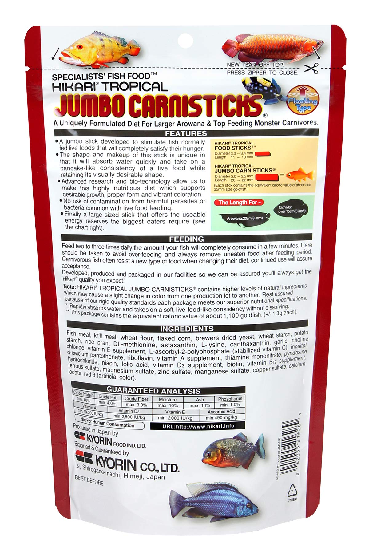 Hikari Tropical Jumbo Carnisticks stick closeup highlights texture similar to live prey.