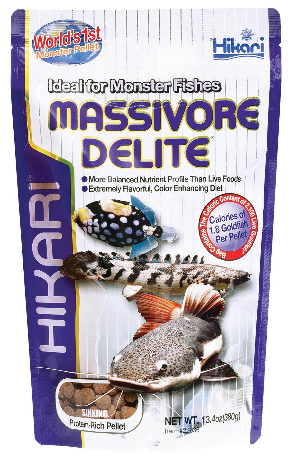 Hikari Tropical Massivore Delite pellet close-up, large sinking pellet for big carnivorous fish.