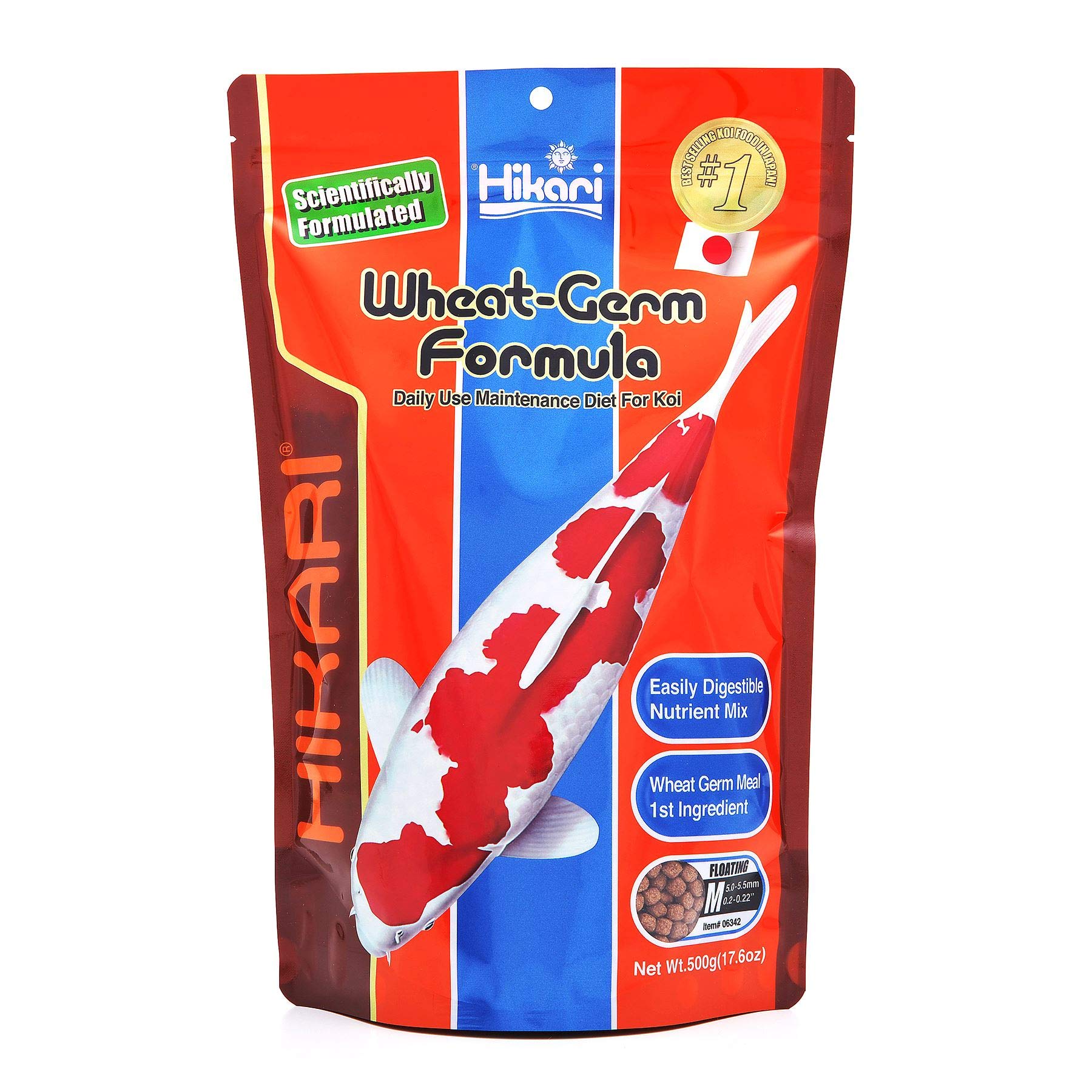 Hikari wheat germ floating pellets bottle; easy feeding monitoring for aquatic pets.