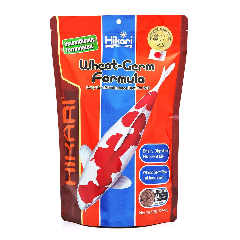 Hikari wheat germ floating pellets bottle; easy feeding monitoring for aquatic pets.