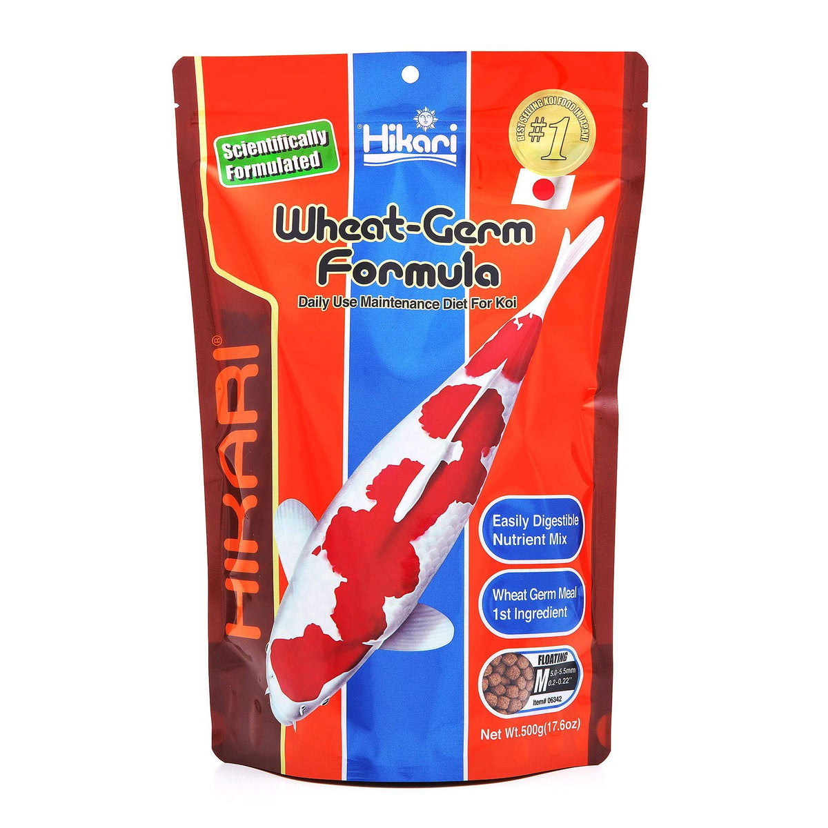 Hikari wheat germ floating pellets bottle; easy feeding monitoring for aquatic pets.