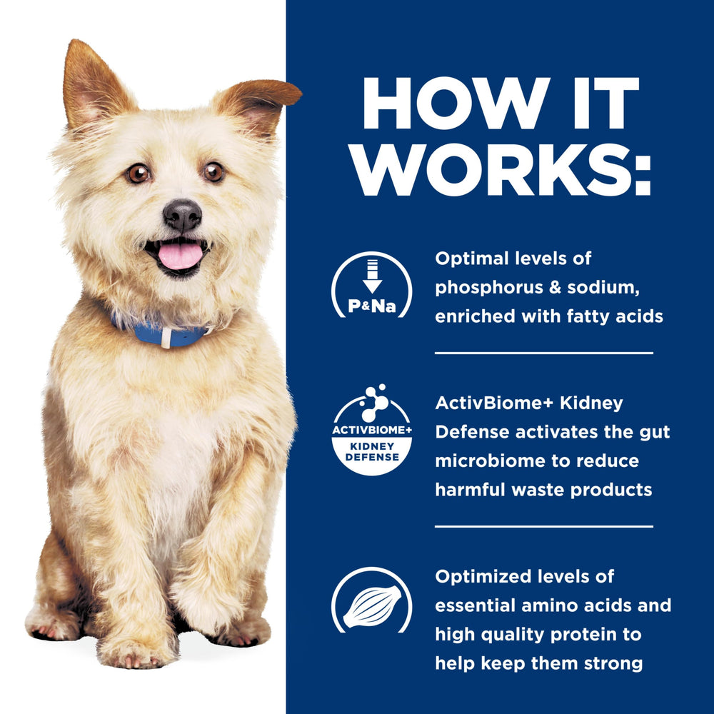 Hill's Prescription Diet k/d starter kit display with diverse meal options for dogs.